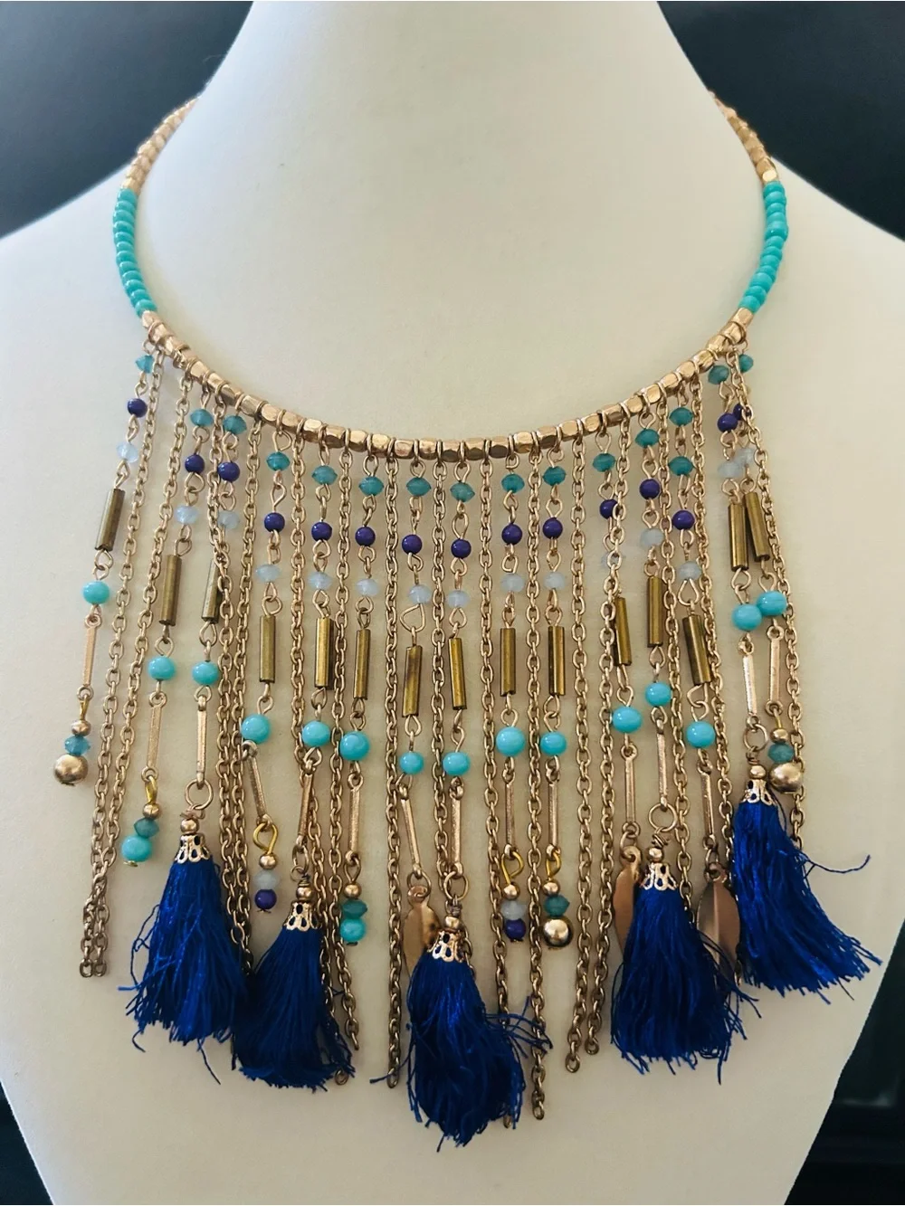 Gold & Blue Tassel Beaded Fringe Beaded Choker Necklace